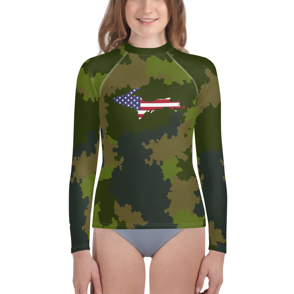 Michigan Upper Peninsula Rash Guard (w/ UP USA Flag) | Youth - Woodland Camo