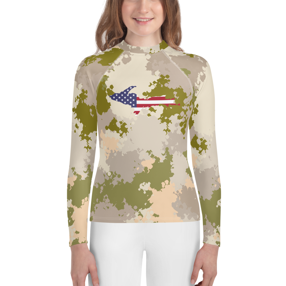 Michigan Upper Peninsula Rash Guard (w/ UP USA Flag) | Youth - Rosy Mound Camo