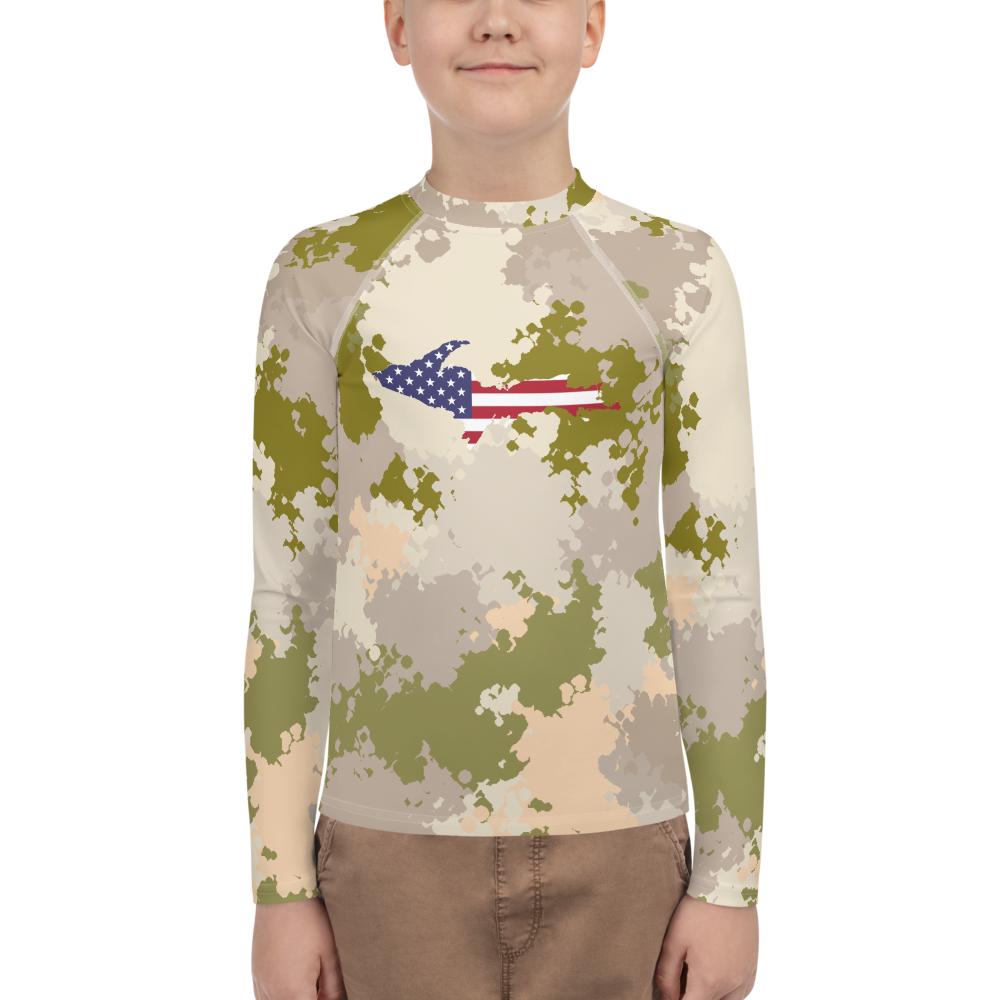 Michigan Upper Peninsula Rash Guard (w/ UP USA Flag) | Youth - Rosy Mound Camo