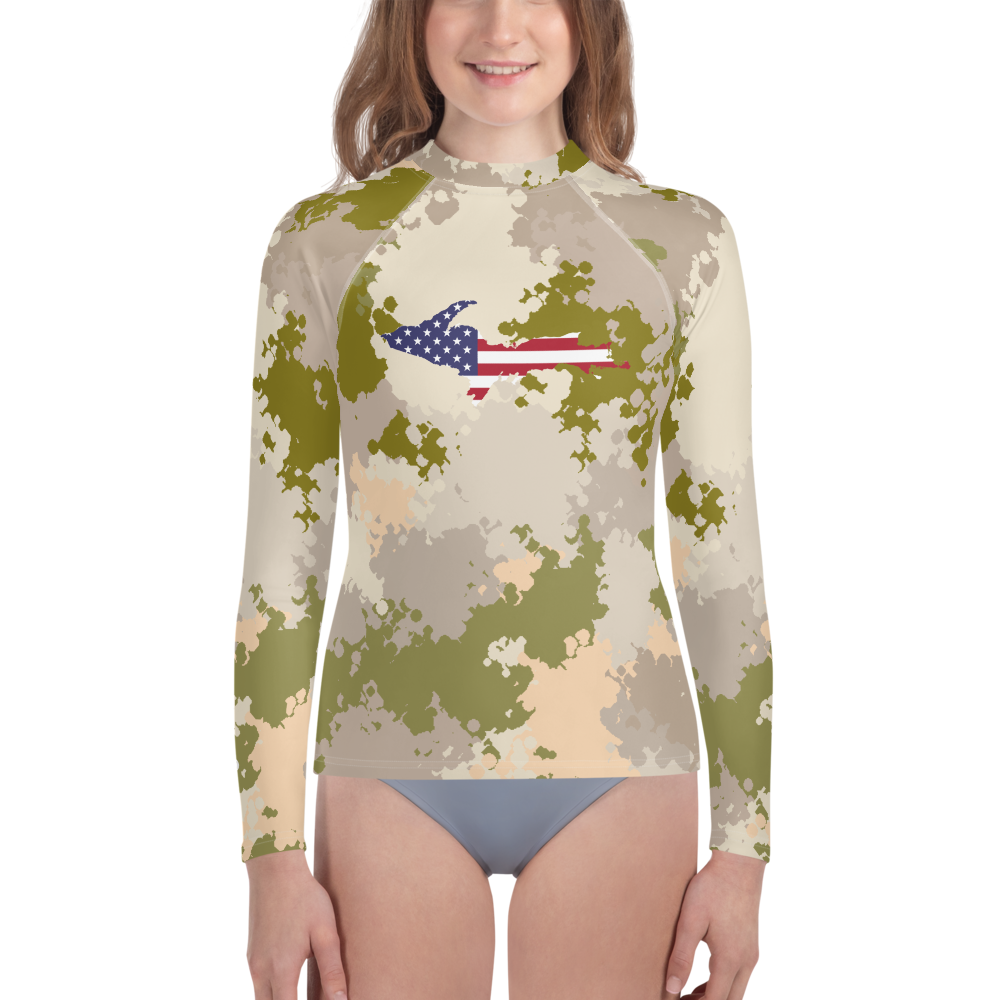 Michigan Upper Peninsula Rash Guard (w/ UP USA Flag) | Youth - Rosy Mound Camo