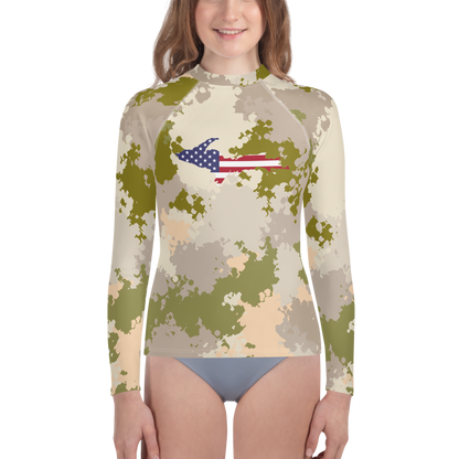 Michigan Upper Peninsula Rash Guard (w/ UP USA Flag) | Youth - Rosy Mound Camo