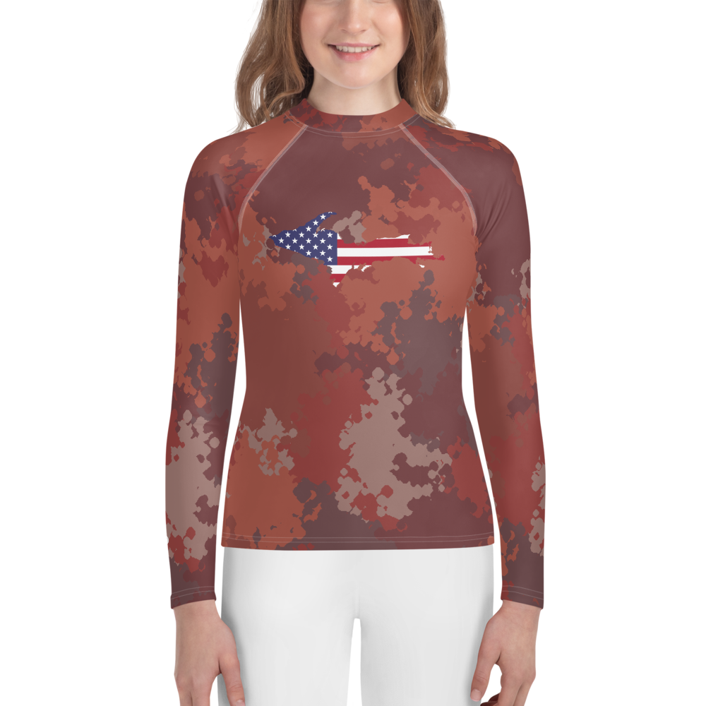 Michigan Upper Peninsula Rash Guard (w/ UP USA Flag) | Youth - Ore Dock Red