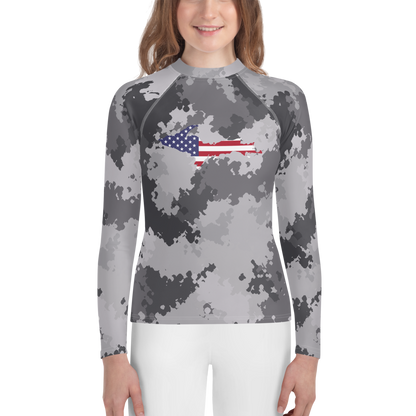 Michigan Upper Peninsula Rash Guard (w/ UP USA Flag) | Youth - Iron Ore Camo