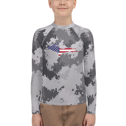 Michigan Upper Peninsula Rash Guard (w/ UP USA Flag) | Youth - Iron Ore Camo