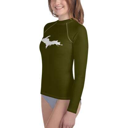 Michigan Upper Peninsula Rash Guard (w/ UP Outline) | Youth - Military Green