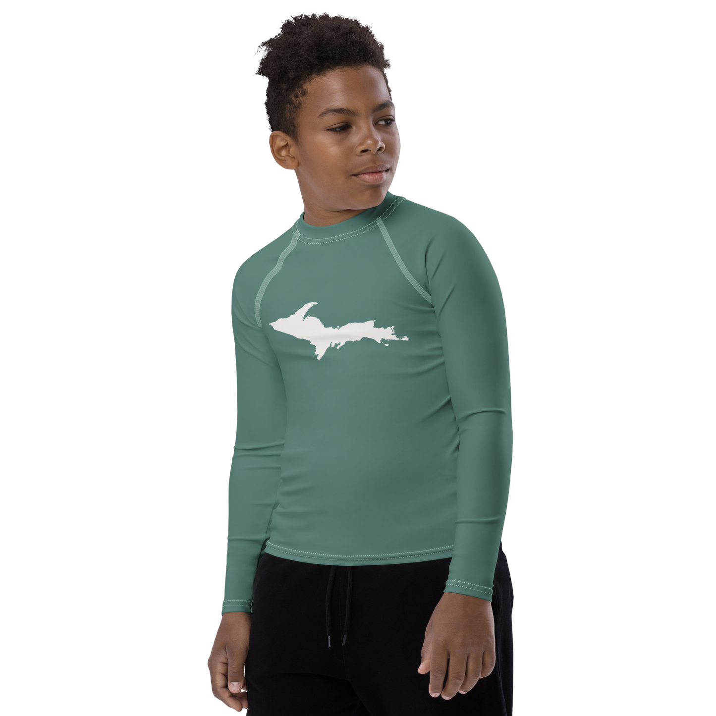 Michigan Upper Peninsula Rash Guard (w/ UP Outline) | Youth - Copper Green