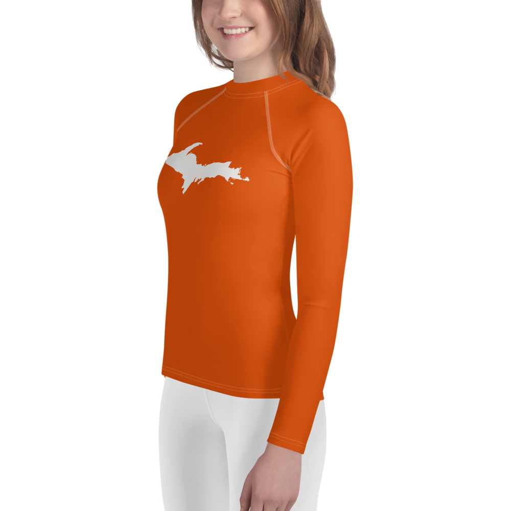 Michigan Upper Peninsula Rash Guard (w/ UP Outline) | Youth - Maple Leaf Orange