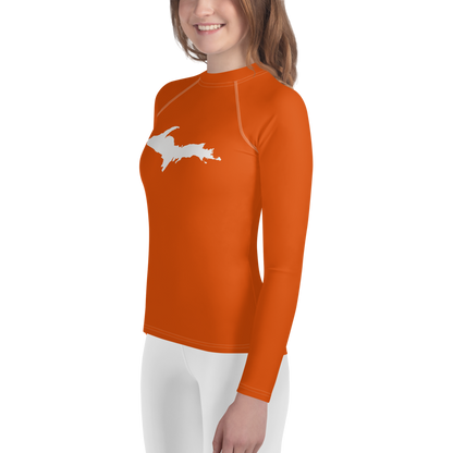 Michigan Upper Peninsula Rash Guard (w/ UP Outline) | Youth - Maple Leaf Orange