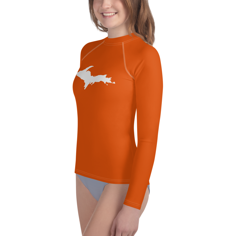 Michigan Upper Peninsula Rash Guard (w/ UP Outline) | Youth - Maple Leaf Orange