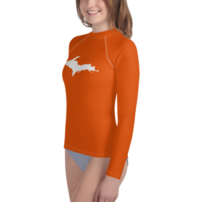 Michigan Upper Peninsula Rash Guard (w/ UP Outline) | Youth - Maple Leaf Orange