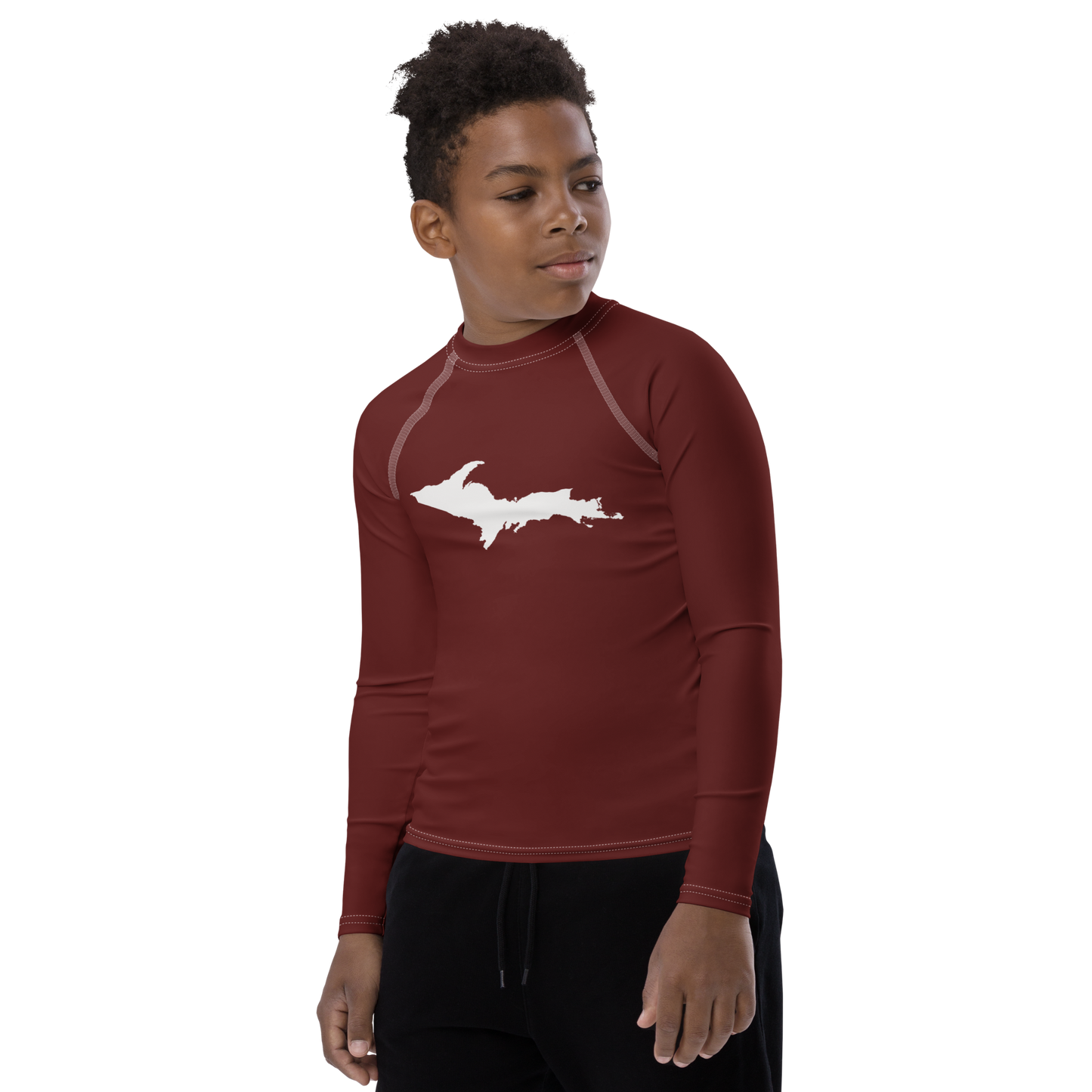 Michigan Upper Peninsula Rash Guard (w/ UP Outline) | Youth - Cherrywood Color