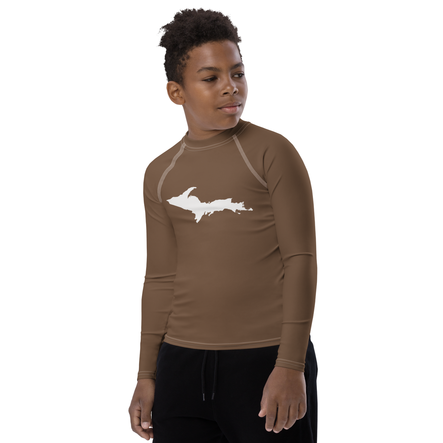 Michigan Upper Peninsula Rash Guard (w/ UP Outline) | Youth - Coffee Color