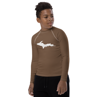 Michigan Upper Peninsula Rash Guard (w/ UP Outline) | Youth - Coffee Color