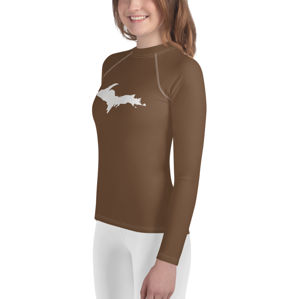 Michigan Upper Peninsula Rash Guard (w/ UP Outline) | Youth - Coffee Color