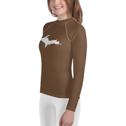 Michigan Upper Peninsula Rash Guard (w/ UP Outline) | Youth - Coffee Color