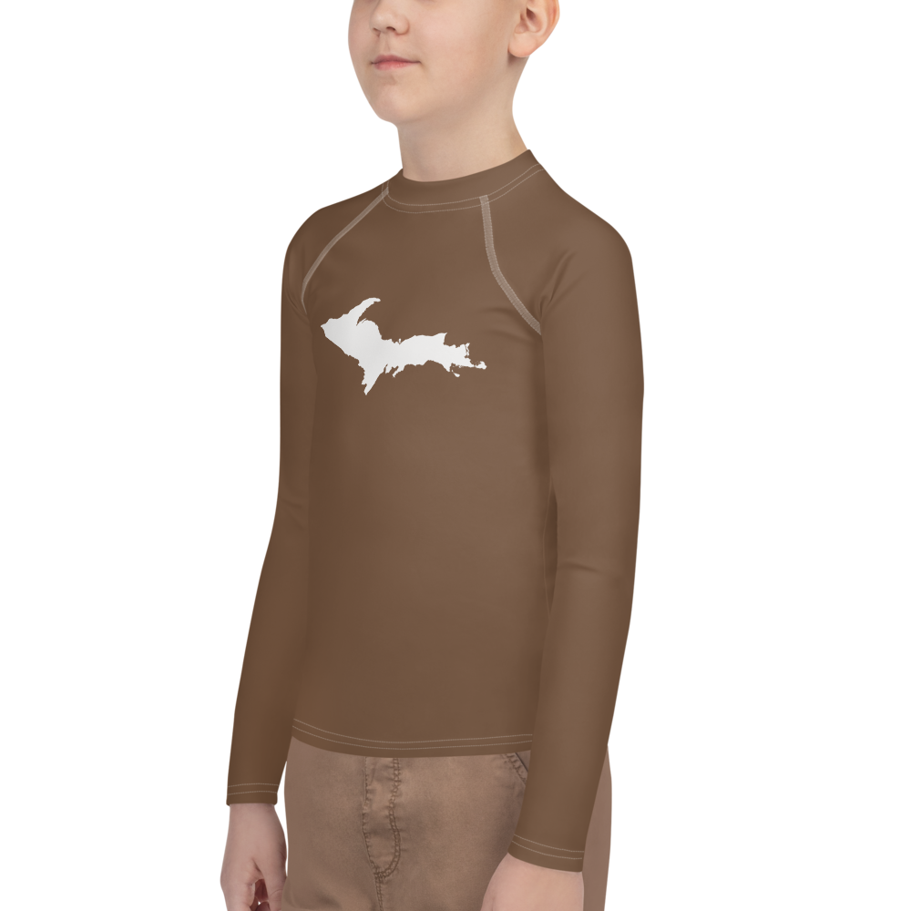 Michigan Upper Peninsula Rash Guard (w/ UP Outline) | Youth - Coffee Color