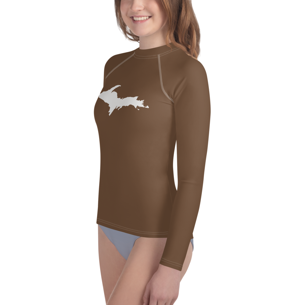 Michigan Upper Peninsula Rash Guard (w/ UP Outline) | Youth - Coffee Color