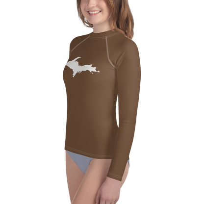 Michigan Upper Peninsula Rash Guard (w/ UP Outline) | Youth - Coffee Color