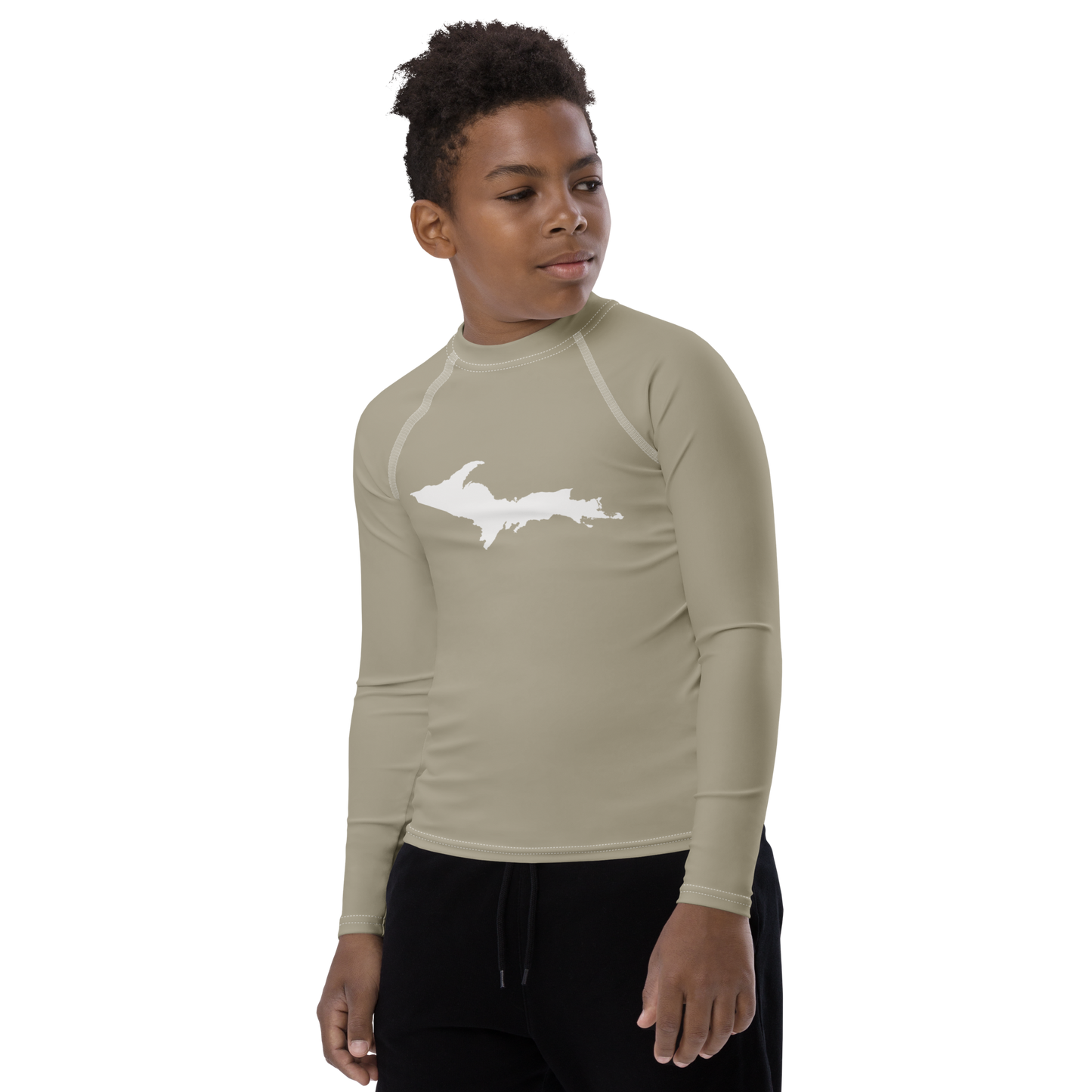 Michigan Upper Peninsula Rash Guard (w/ UP Outline) | Youth - Petoskey Stone Beige