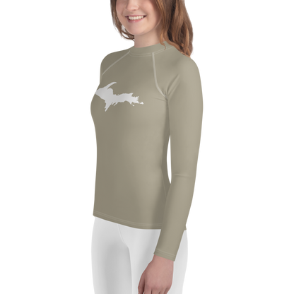 Michigan Upper Peninsula Rash Guard (w/ UP Outline) | Youth - Petoskey Stone Beige