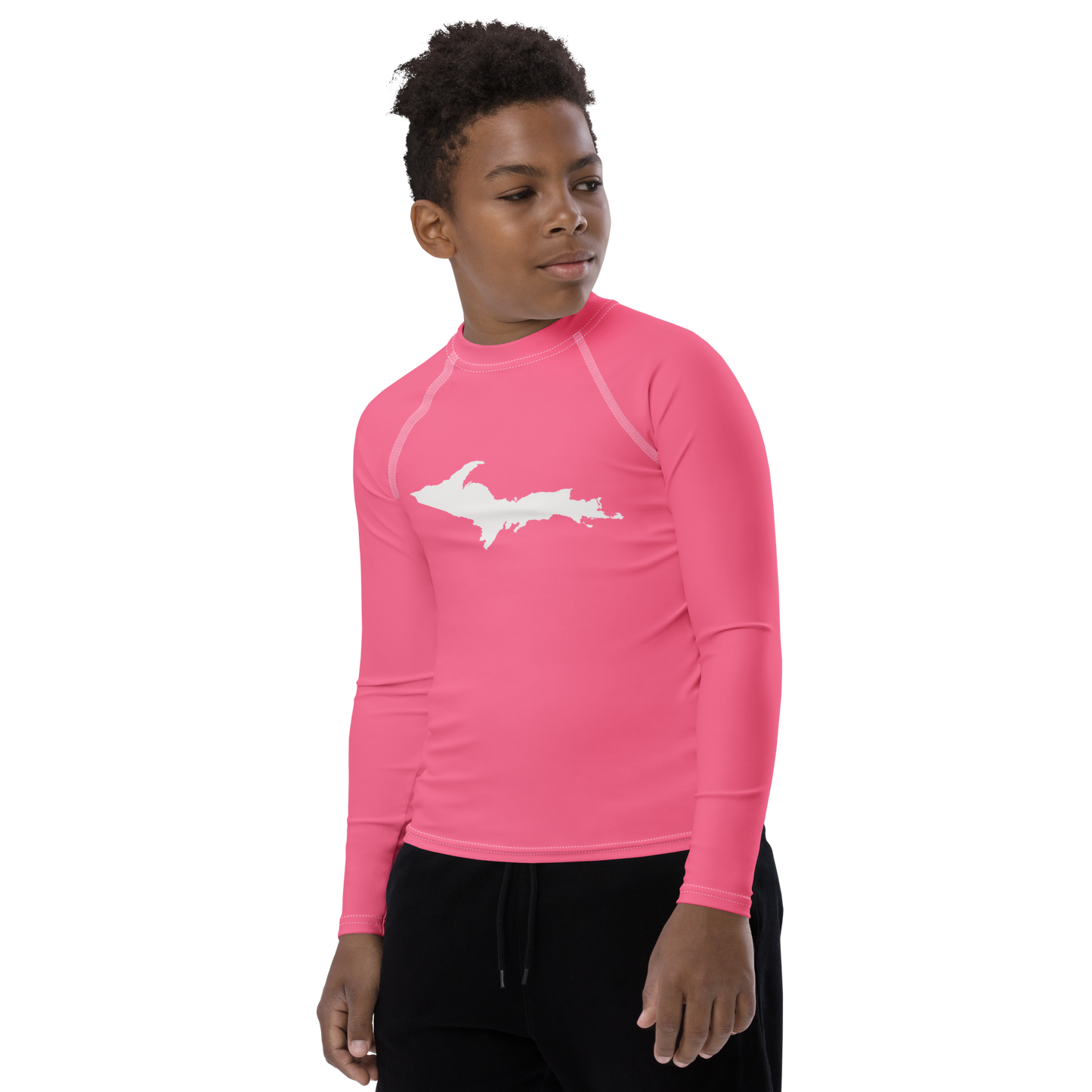 Michigan Upper Peninsula Rash Guard (w/ UP Outline) | Youth - Rhodochrosite Pink