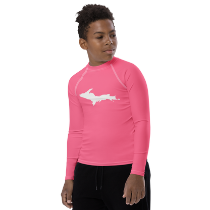 Michigan Upper Peninsula Rash Guard (w/ UP Outline) | Youth - Rhodochrosite Pink