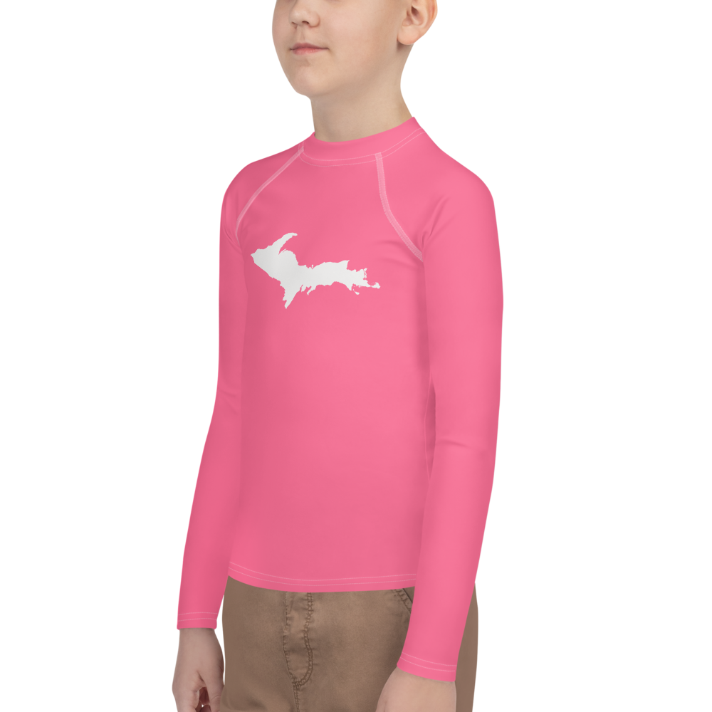 Michigan Upper Peninsula Rash Guard (w/ UP Outline) | Youth - Rhodochrosite Pink