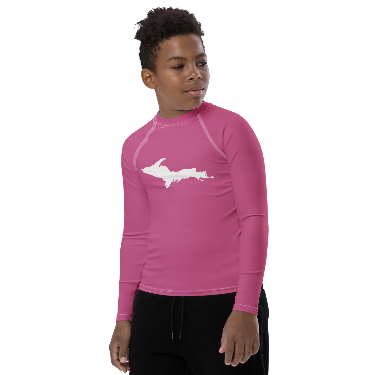 Michigan Upper Peninsula Rash Guard (w/ UP Outline) | Youth - Apple Blossom Pink