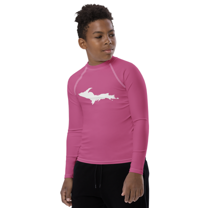 Michigan Upper Peninsula Rash Guard (w/ UP Outline) | Youth - Apple Blossom Pink