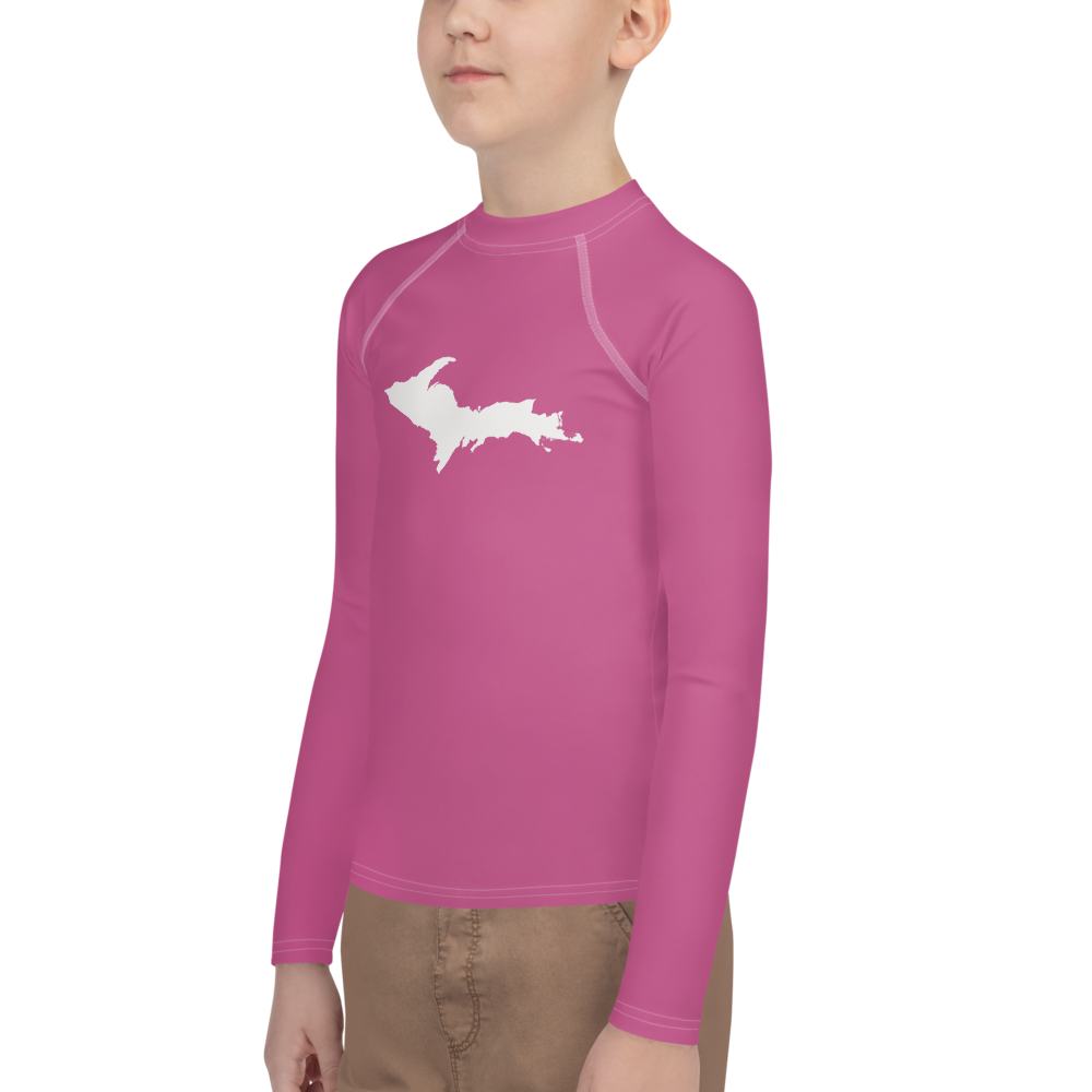 Michigan Upper Peninsula Rash Guard (w/ UP Outline) | Youth - Apple Blossom Pink