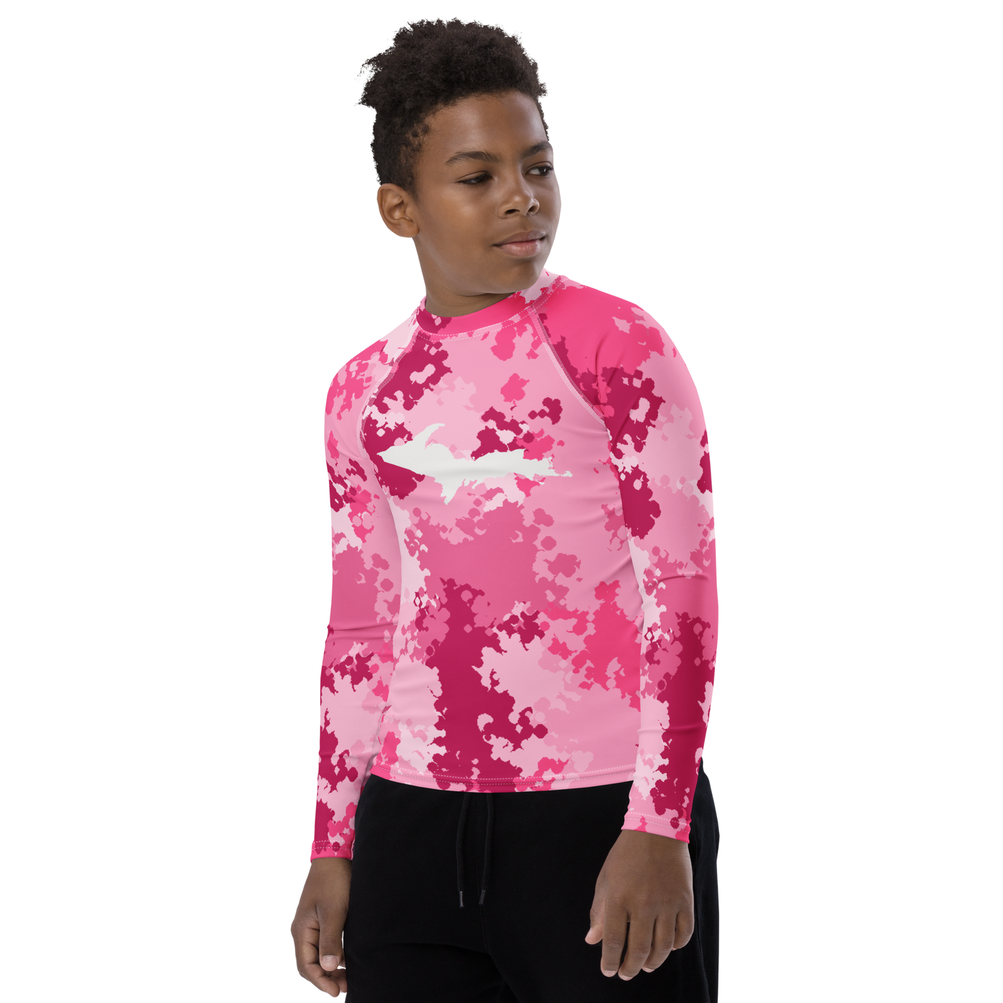 Michigan Upper Peninsula Rash Guard (w/ UP Outline) | Youth - Pink Camo