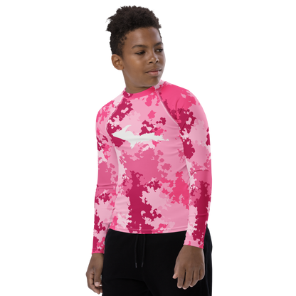 Michigan Upper Peninsula Rash Guard (w/ UP Outline) | Youth - Pink Camo