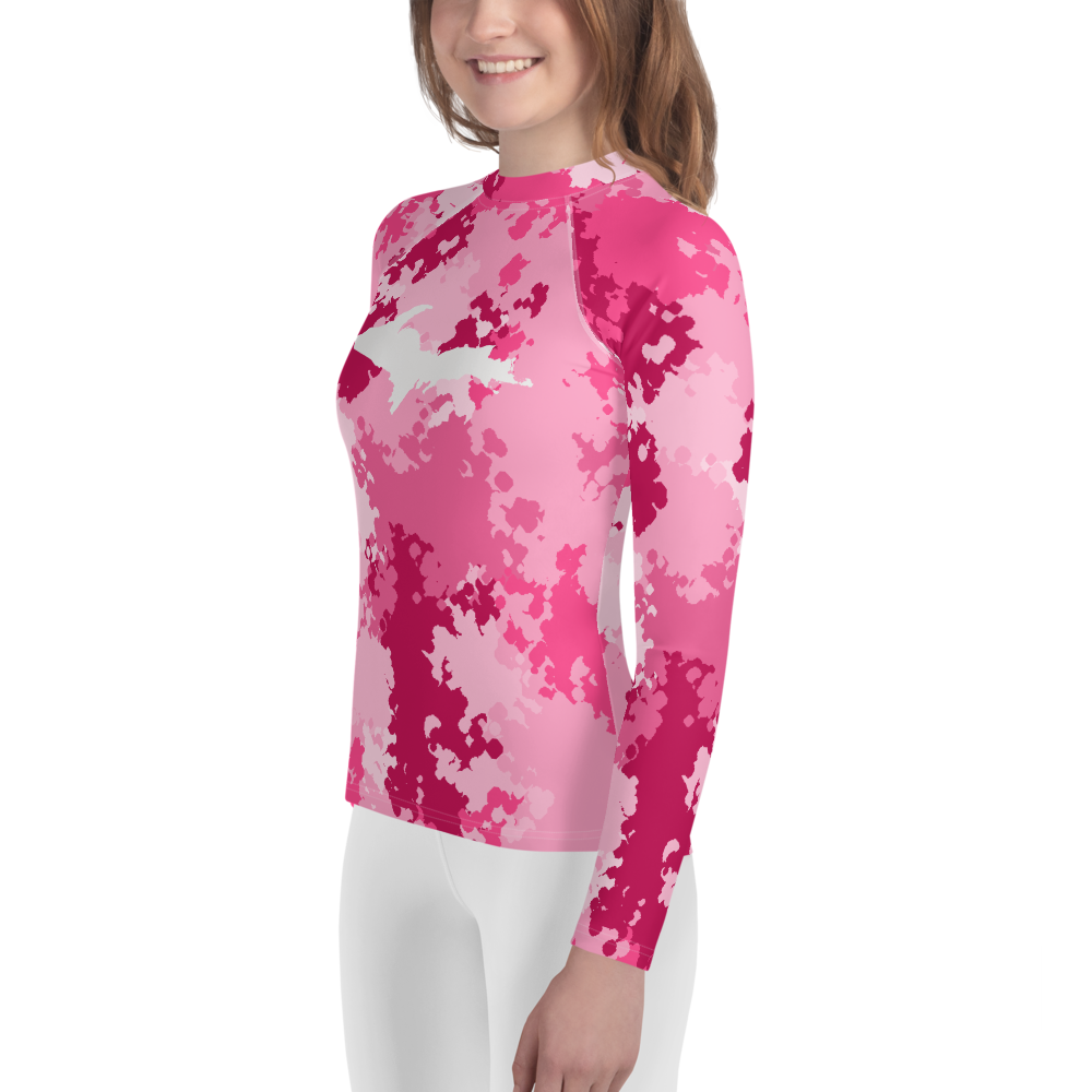 Michigan Upper Peninsula Rash Guard (w/ UP Outline) | Youth - Pink Camo