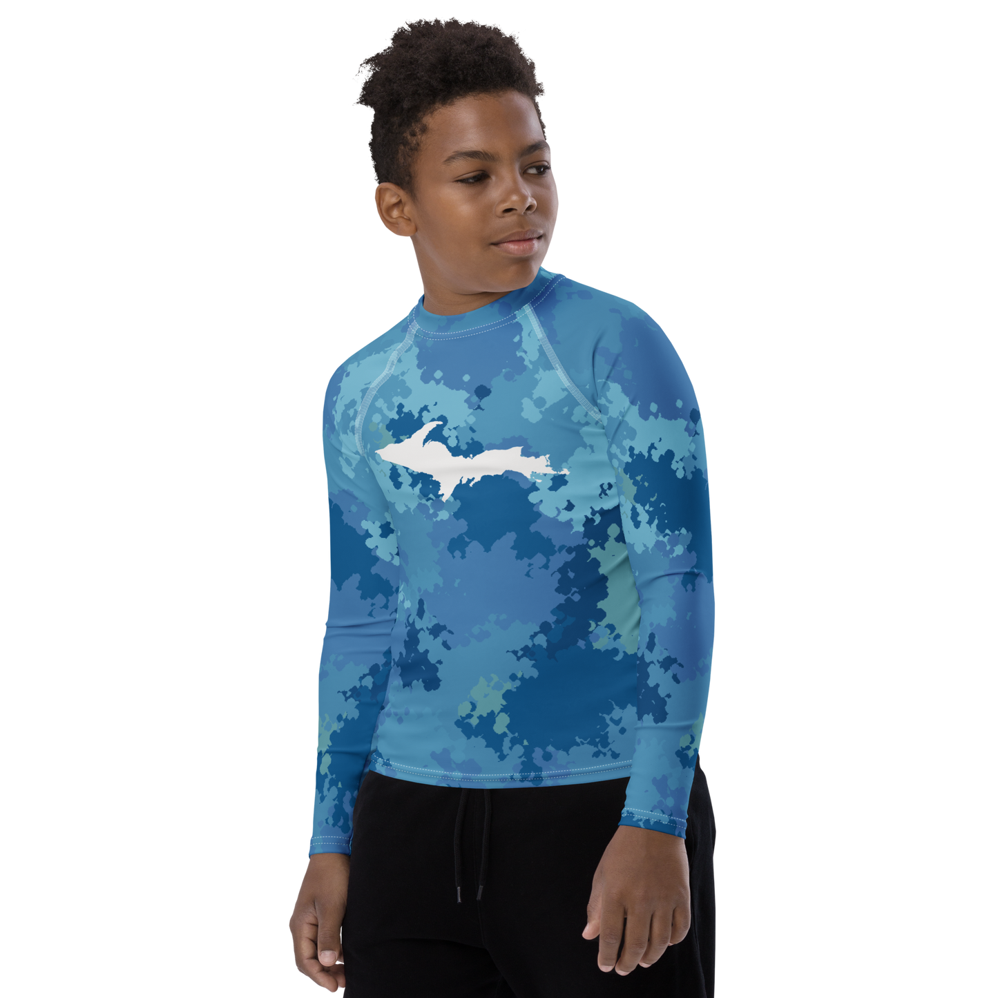 Michigan Upper Peninsula Rash Guard (w/ UP Outline) | Youth - Great Lakes Camo