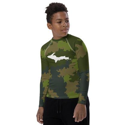 Michigan Upper Peninsula Rash Guard (w/ UP Outline) | Youth - Woodland Camo