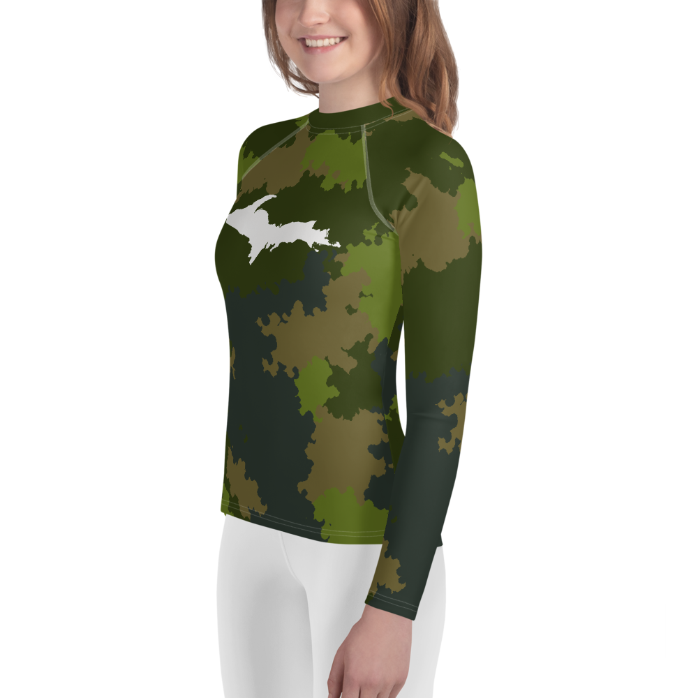 Michigan Upper Peninsula Rash Guard (w/ UP Outline) | Youth - Woodland Camo