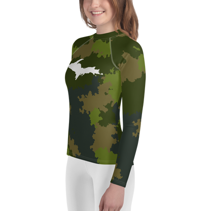 Michigan Upper Peninsula Rash Guard (w/ UP Outline) | Youth - Woodland Camo