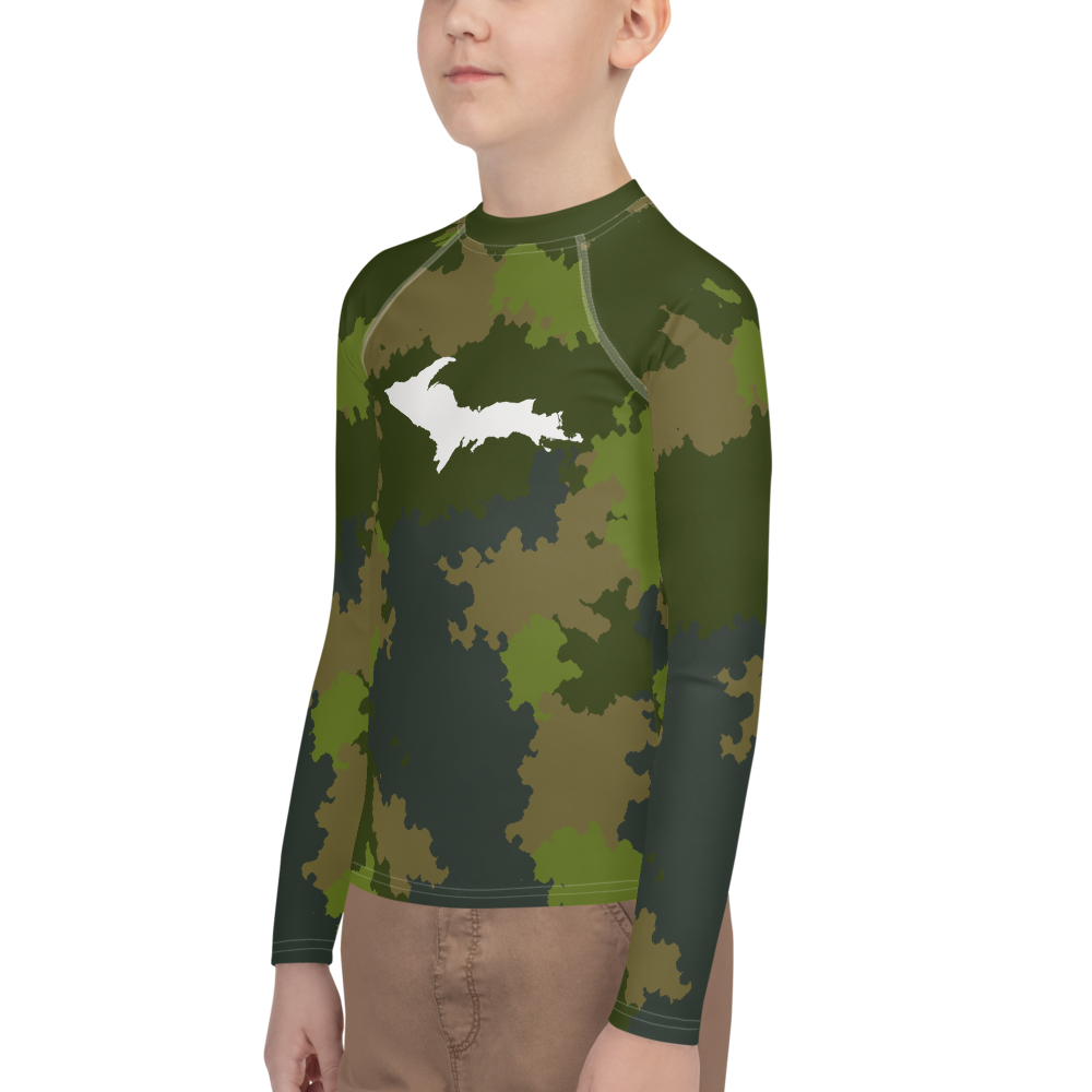 Michigan Upper Peninsula Rash Guard (w/ UP Outline) | Youth - Woodland Camo