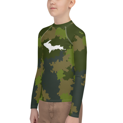 Michigan Upper Peninsula Rash Guard (w/ UP Outline) | Youth - Woodland Camo