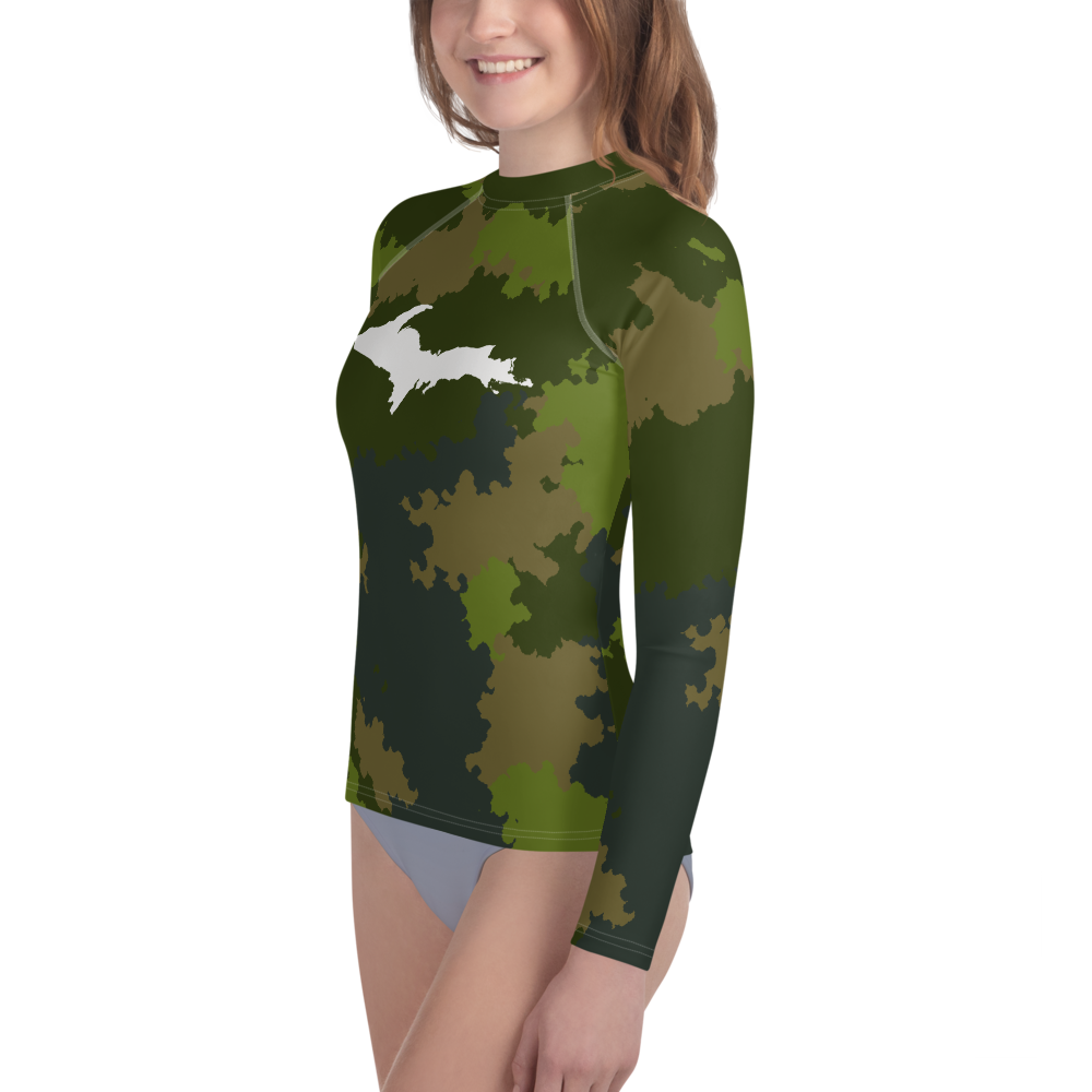 Michigan Upper Peninsula Rash Guard (w/ UP Outline) | Youth - Woodland Camo