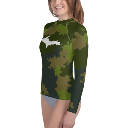 Michigan Upper Peninsula Rash Guard (w/ UP Outline) | Youth - Woodland Camo