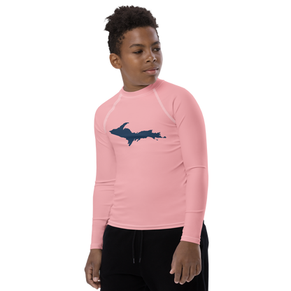 Michigan Upper Peninsula Rash Guard (w/ UP Outline) | Youth - Strawberry Pink