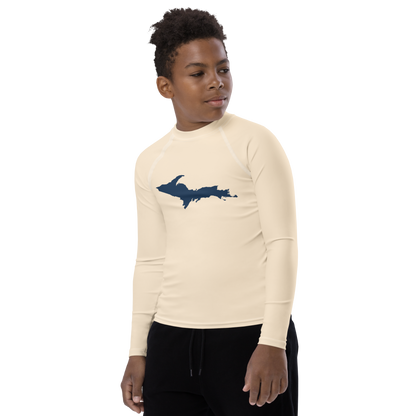 Michigan Upper Peninsula Rash Guard (w/ UP Outline) | Youth - Champagne White