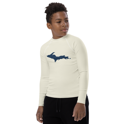 Michigan Upper Peninsula Rash Guard (w/ UP Outline) | Youth - Ivory White