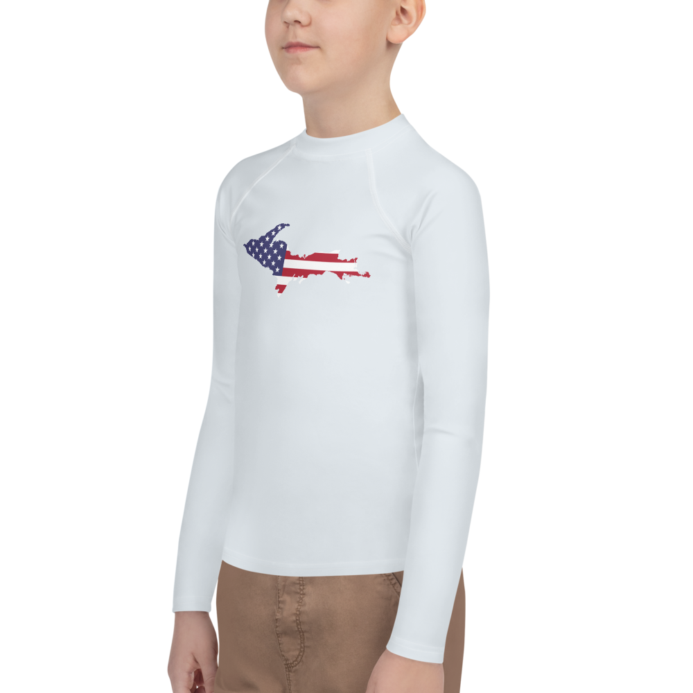 Michigan Upper Peninsula Rash Guard (w/ UP USA Flag) | Youth - Gossy White