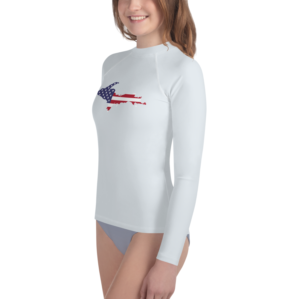 Michigan Upper Peninsula Rash Guard (w/ UP USA Flag) | Youth - Gossy White