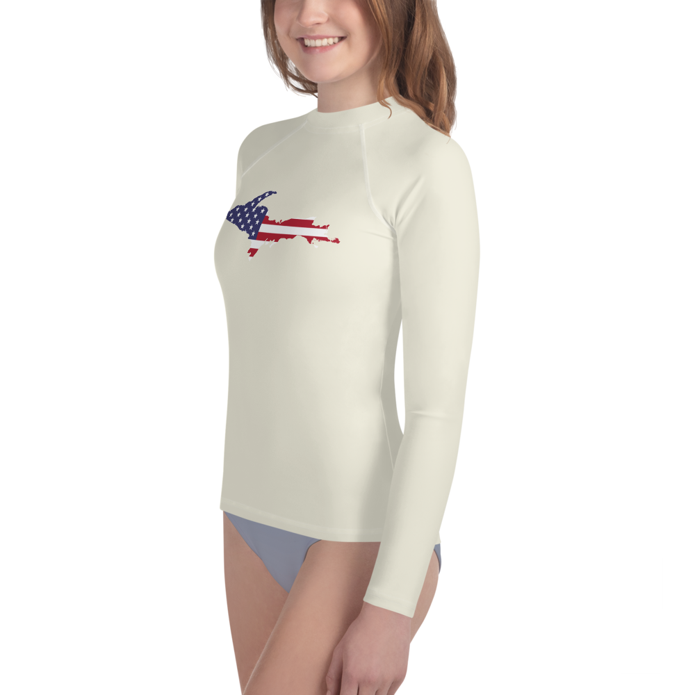 Michigan Upper Peninsula Rash Guard (w/ UP USA Flag) | Youth - Ivory White