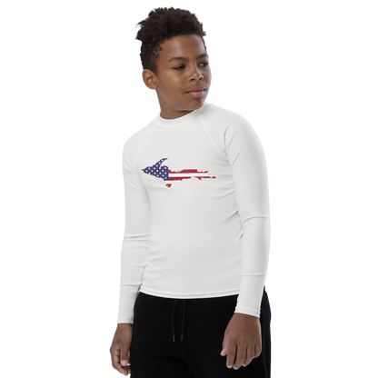 Michigan Upper Peninsula Rash Guard (w/ UP USA Flag) | Youth - Birch Bark White