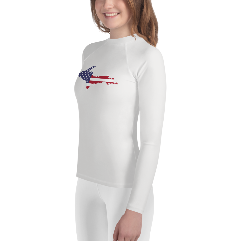 Michigan Upper Peninsula Rash Guard (w/ UP USA Flag) | Youth - Birch Bark White