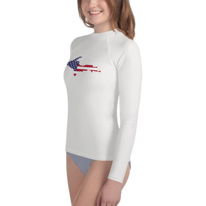 Michigan Upper Peninsula Rash Guard (w/ UP USA Flag) | Youth - Birch Bark White